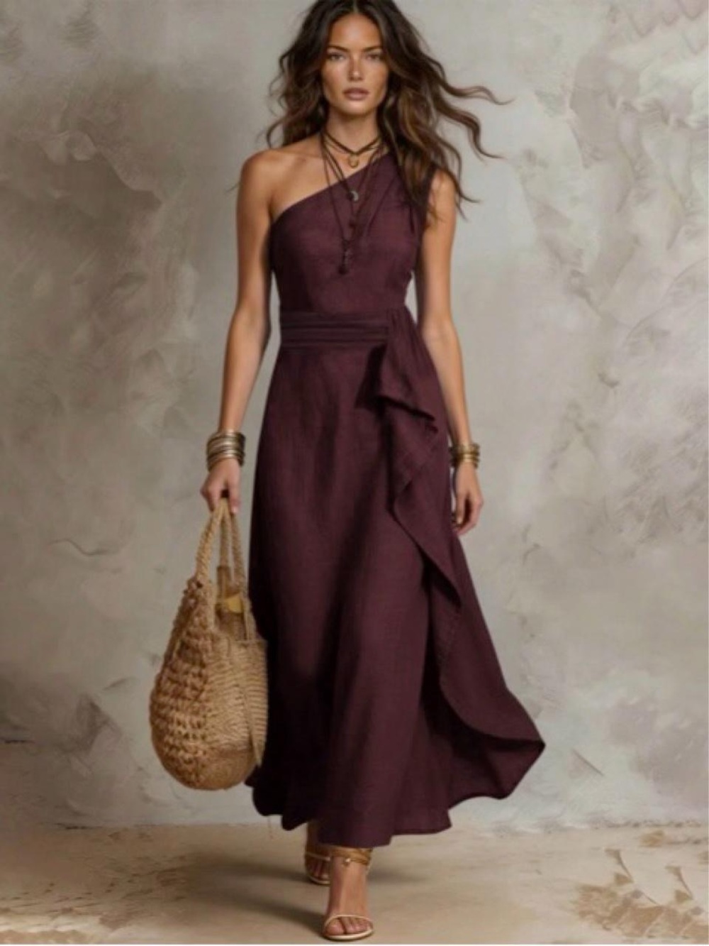 One-Shoulder Maxi Dress in Burgundy